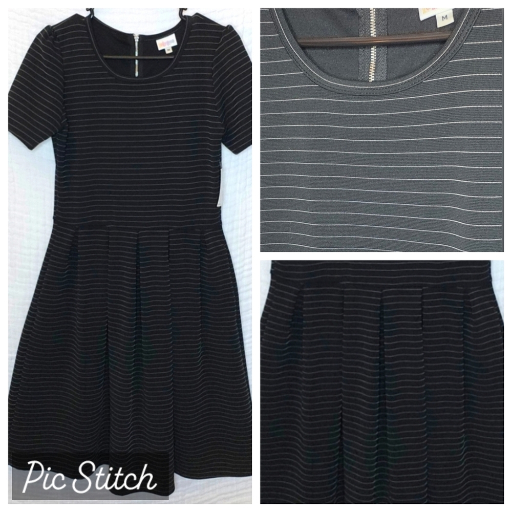 LuLaRoe "Amelia" Dress Black Silver Pinstripes Front Pleats Size Medium (10-12)